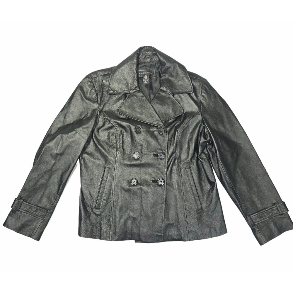 New York & Company Black Genuine Leather Double Breasted Jacket Peacoat Size XL
